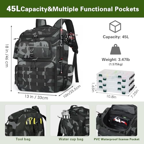 Camouflage Fishing Backpack with 2 Rod Holders, 45L Water-Resistant Tackle Bag for Men