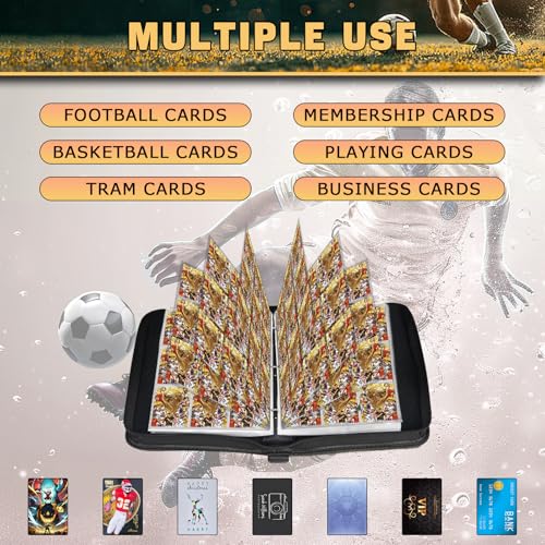 Soccer Card Binder 900 Capacity with Gold Cover - 50 Removable Sleeves, Waterproof PU Leather, 3-Ring Zipper Organizer for Collectors