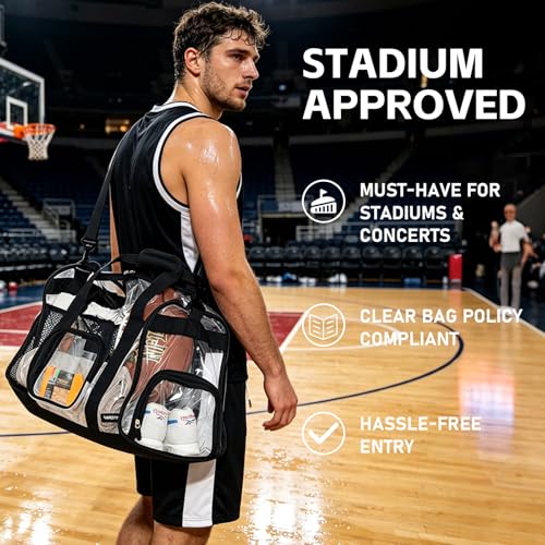 Black Clear Tote Bag for Stadium Events and Travel - Reinforced Straps 17x12x12 in