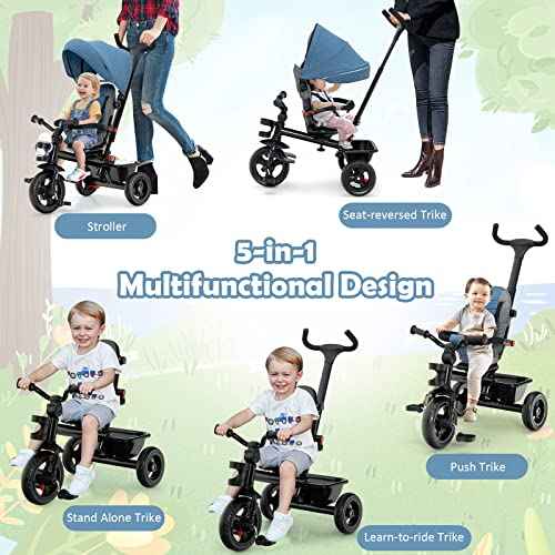 BABY JOY Tricycle, 5 in 1 Toddler Bike W/Removable Push Handle, Reversible Seat, EVA Wheel, Adjustable Canopy, Cup Holder & Storage, Ideal for Kids 1.5-5 Years Old, Tricycle for Toddler (Blue)