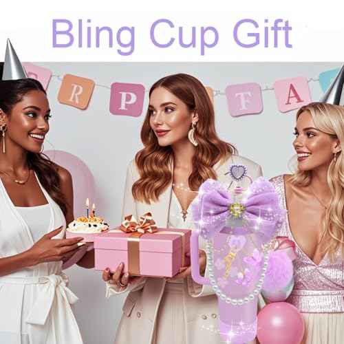LBU Bling Stanley Cup Accessories for 40/30/20 oz Tumbler with Handle Including Glitter Bow Straw Topper, Heart Straw Cover, Pearl Water Bottle Handle Strap, Boot, Pom-Pom, Keychain Charms(Purple)
