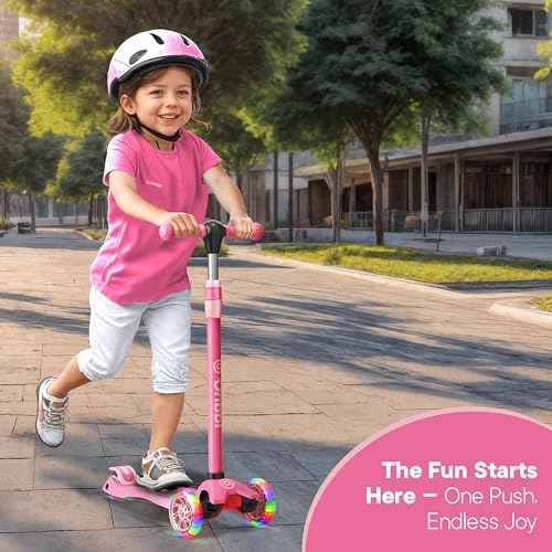 Dribbl 3-Wheel Kids Scooter - Lean-to-Steer Technology, Adjustable Height Handlebar, Wide Anti-Slip Deck, Scooter for Boys & Girls Ages 3+, Child Safety Approved, Support Riders Up to 165 lbs, Pink