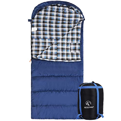 Redcamp Flannel Sleeping Bag for Adults with Detachable Hood, Blue, 3lbs Filling