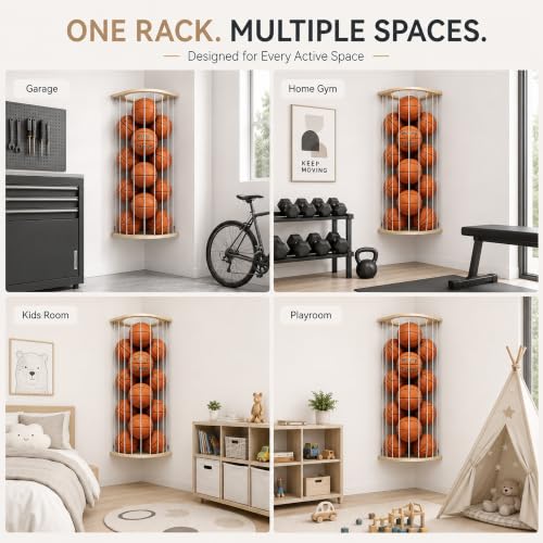 Wall-Mount Sports Ball Storage Rack with Wooden Frame for Garage & Home