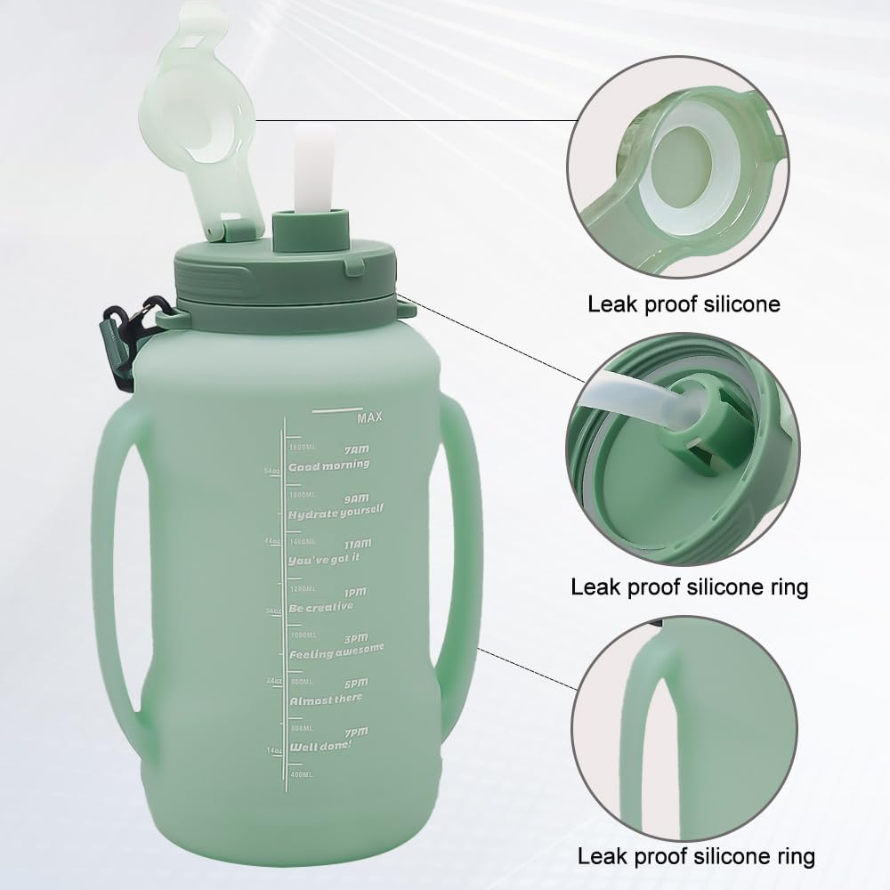 LELExilan 64oz Foldable Silicone Water Bottle with Straw, BPA-Free Motivational Time Marker, Leakproof Collapsible Water Jug with Handle for Gym, Sports, Camping & Outdoor Activities (Green)