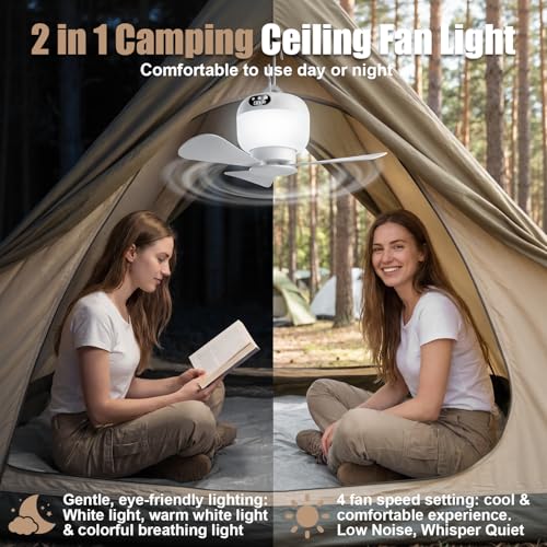 Camping Fan with Light Remote, Rechargeable Tent Fan with 4 Speeds