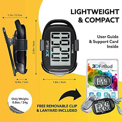 3DFitBud Simple Step Counter Walking 3D Pedometer by 3DActive with Clip, Lanyard Accurate Step Tracker Large Display, Easy to Use for Kids Men Women Adult Seniors Daily Step Tracking - A420S