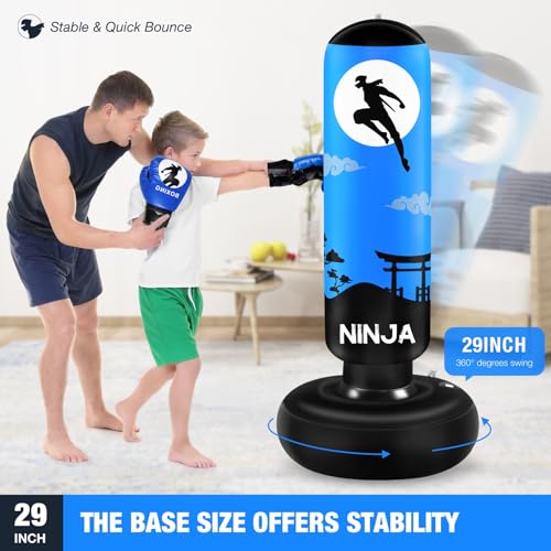 Kids Inflatable Punching Bag with Gloves - Blue, 66" Boxing Set for Ages 5-12