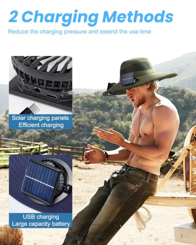 Wide Brim Sun Hat with 2 Solar Fans for Men Women UPF 50+ Garden Beach Grey Medium
