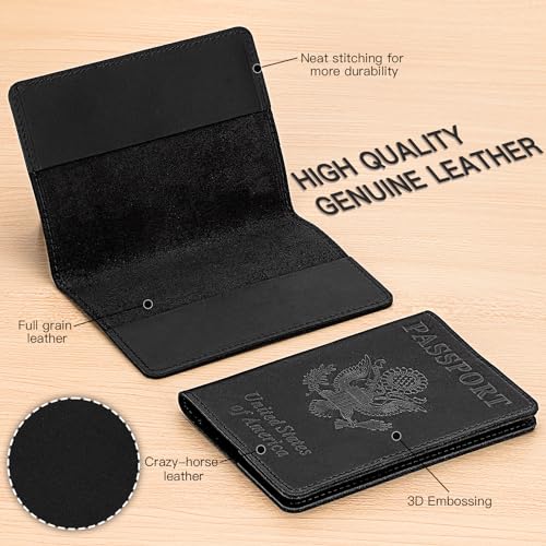 Black Leather RFID Travel Passport Holder Wallet Case for Men & Women