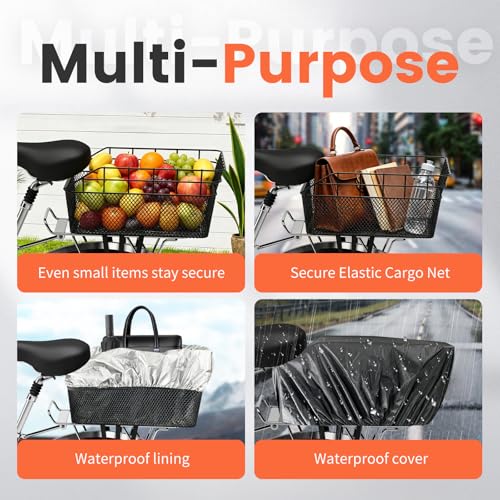 Heavy Duty Rear Bike Basket with Cargo Net & Waterproof Cover - Large Capacity