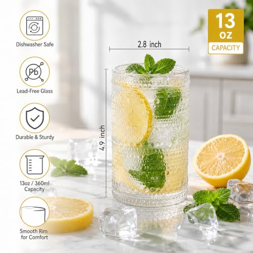 Set of 6 Vintage Hobnail Drinking Glasses - 13 oz Clear Embossed Tumblers for Beverages