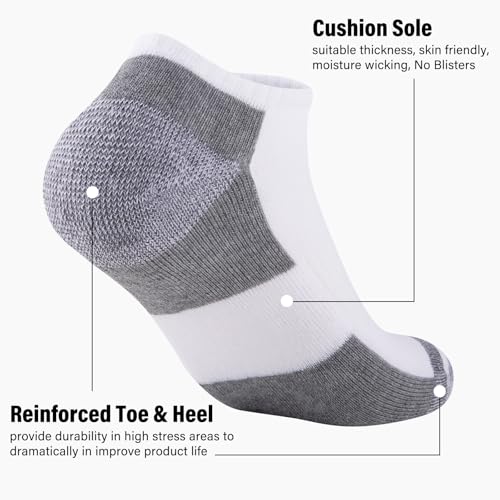 Mens Cushioned Ankle Socks - 12 Pack Low Cut Breathable Casual Socks, White, Size 6-11