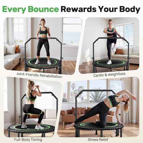 BCAN 40"/48" Mini Rebounder Trampoline for Adults with Bar, 450/550LBS Fitness Trampoline with Bungees, Adjustable Handle, Stable & Quiet, Indoor Outdoor, Whole-Body Workout & Relaxation at Home
