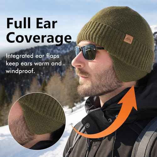 TOP-EX DryKnit¢â Unisex 80% Merino Wool Waterproof Beanie with Ear Flap Warm Winter Fleece Lined Beanie Hat M/L/XL