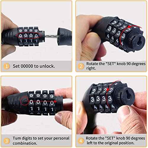 Long Coiled Security Resettable Combination Bike Cable 4 Digit Lock, Anti-Theft Accessories for Mountain and Road Bike, Electric Bicycle, Scooter, 32 inch