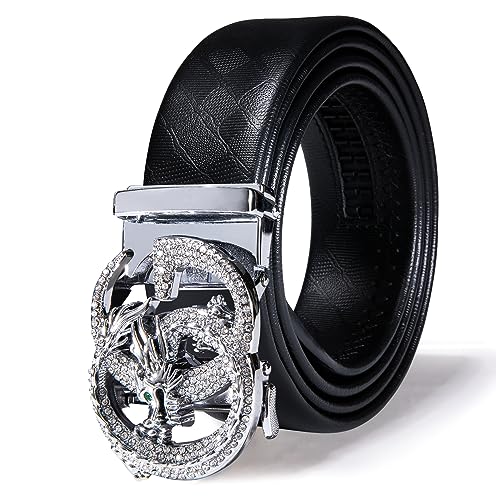 Men's Leather Ratchet Dress Belt with Sliding Buckle - Silver Dragon01, 36-45 Inches