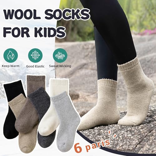 Kids Merino Wool Thermal Socks 6 Pairs - Solid Color, 8-12 Years