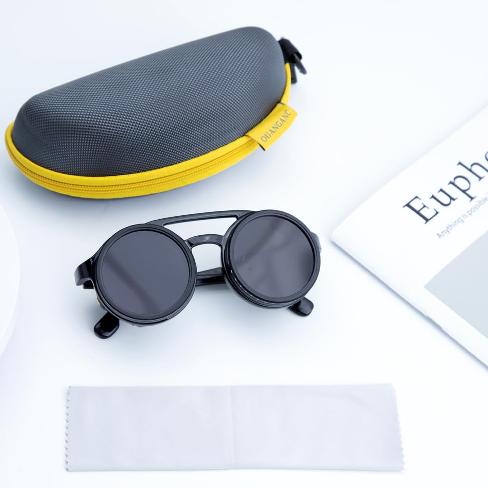 Adjustable Tint Sunglasses, 9-Level Manual Dimming, Polarized UV Protection, Detachable Leather Side Shields, Round Steampunk Style, Ideal for Hiking, Mountaineering, Glacier Travel, and Fishing