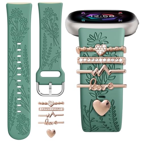 Green Sport Silicone Fitbit Versa 3/4 & Sense Charms Band with Cute Rings - Women