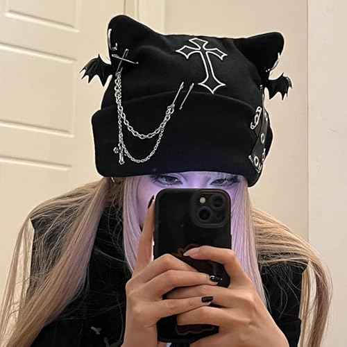 Y2k Goth Beanie Hats for Women Winter Punk Emo Grunge Cat Ear Knitted Cap Gothic Streetwear Halloween Accessories
