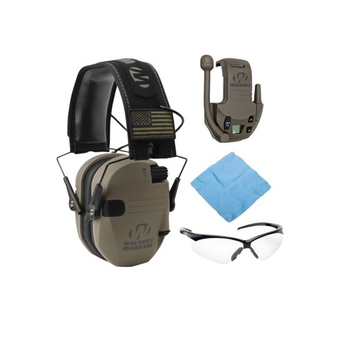 Walker's Razor Slim Electronic Muff (FDE Patriot Version) Bundle Razor Walkie Talkie Attachment, Crosshair Sport Shooting Glasses (Clear), and Microfiber Cleaning Cloth (4 Items)