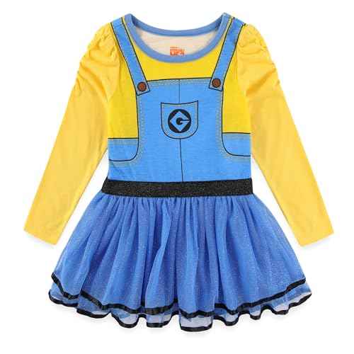 Universal Minions Girls 2 Piece Long Sleeve Glitter Tulle Dress and Footed Stockings for Toddlers