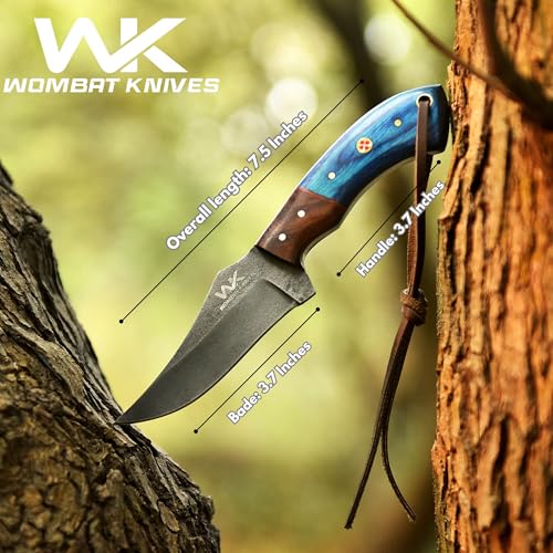 Handmade Cowboy Knife for Men & Women with Blue Wood Handle and Leather Sheath