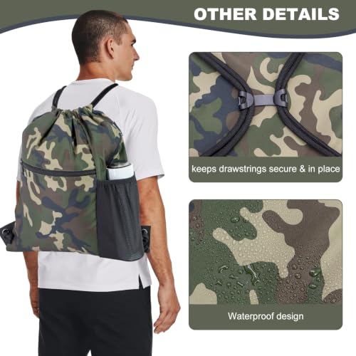 Water-Resistant Sport Gym Sack Backpack with Drawstring - Green Camo