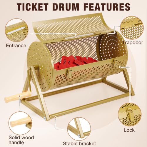 Teenyyou Gold Raffle Drum Ticket Spinner with Wooden Handle, 2500 Capacity