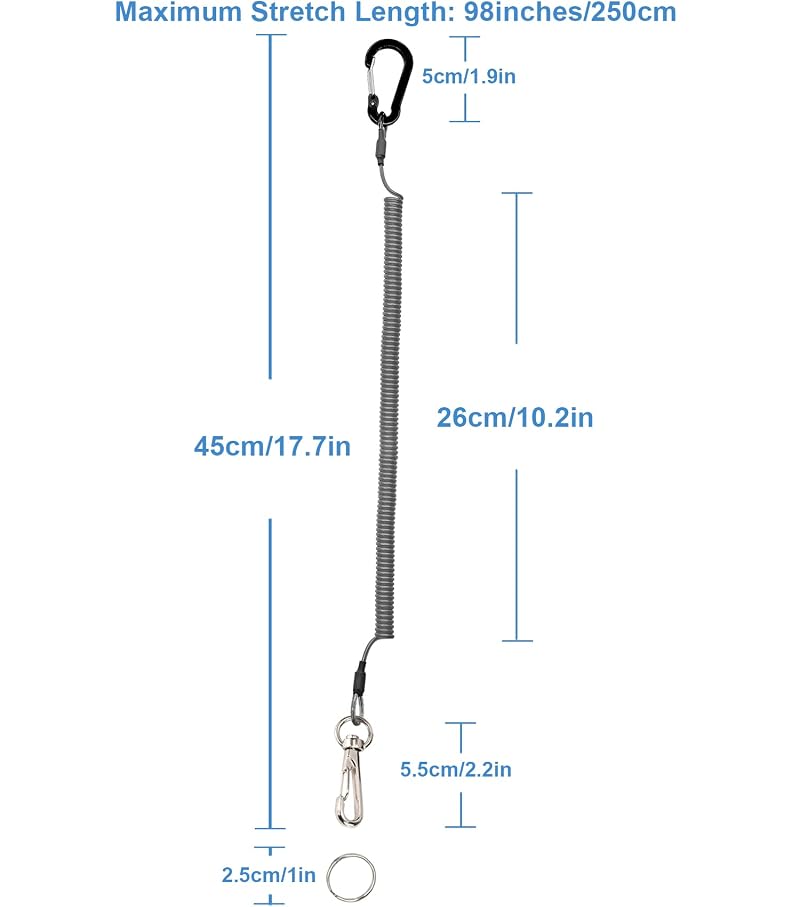Retractable Coiled Lanyards with Carabiner Clips - 45cm, 98in Stretch, 15lb Safe Tension, Black Long Rotatable