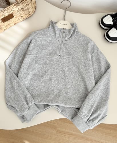 Girls 6-14Y Half Zip Sweatshirt Oversized Cotton Long Sleeve Top - Grey, Size 11-12Y