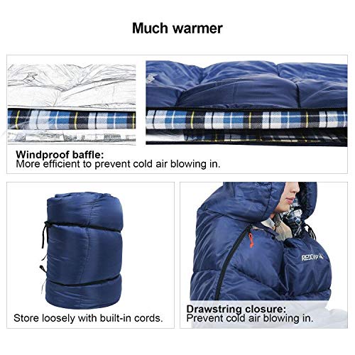 Redcamp Flannel Sleeping Bag for Adults with Detachable Hood, Blue, 3lbs Filling
