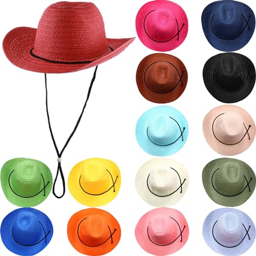 15-Pack Colorful Wide Brim Straw Cowboy Hats for Men Women Sun Protection Party