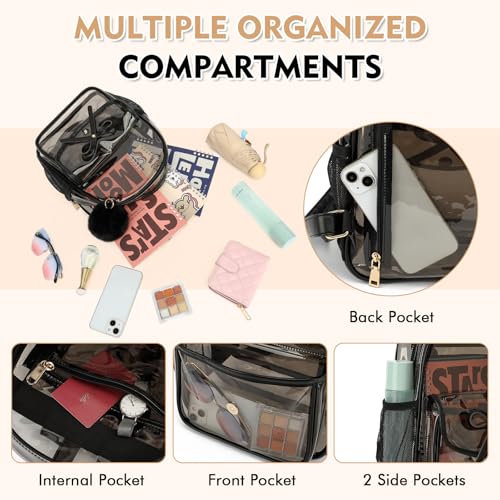Clear Stadium Backpack 12x12x6 PVC with Leather Trim Black - Women Shoulder Bag