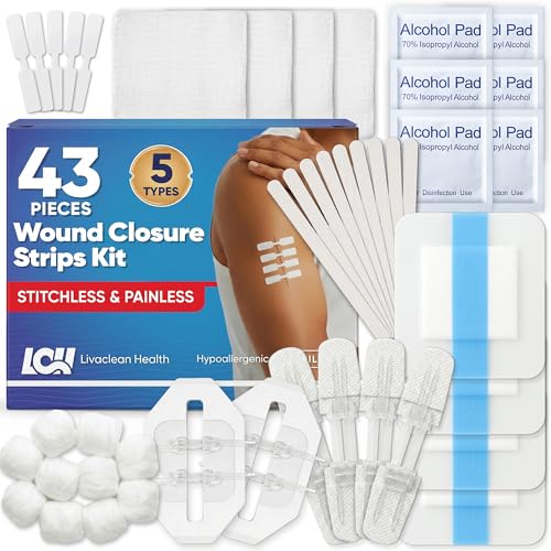 43 Pack Wound Closure Strips Kit with Butterfly Bandages Gauze Dressings and Swabs - Emergency First Aid Supplies