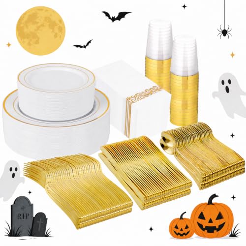 400pcs White and Gold Plastic Dinnerware Set for 50 Guests - Elegant Party Plates