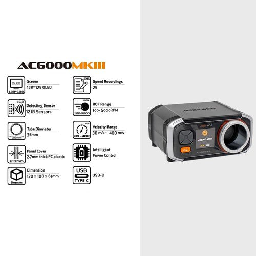 ACETECH Airsoft Chronograph AC6000MKIII 30 to 400 m/s Measurement Shooting Speed Tester Chrono with Colorful LCD Display App Support for 4.5mm/6mm/8mm/9mm BB (Standard)