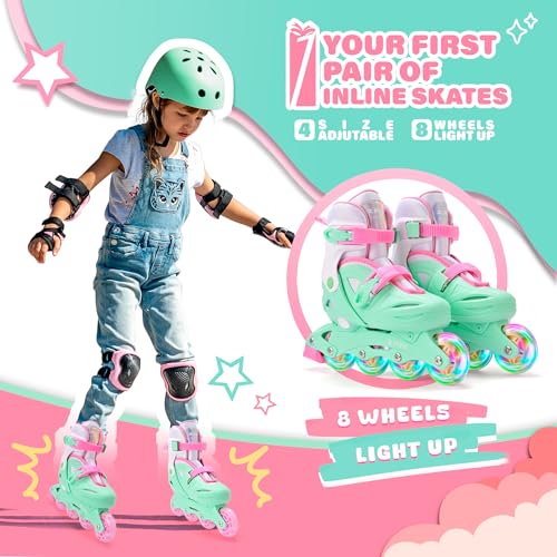 Kids Adjustable Inline Skates for Boys Girls Youth - Green Medium, 13C-2.5Y US