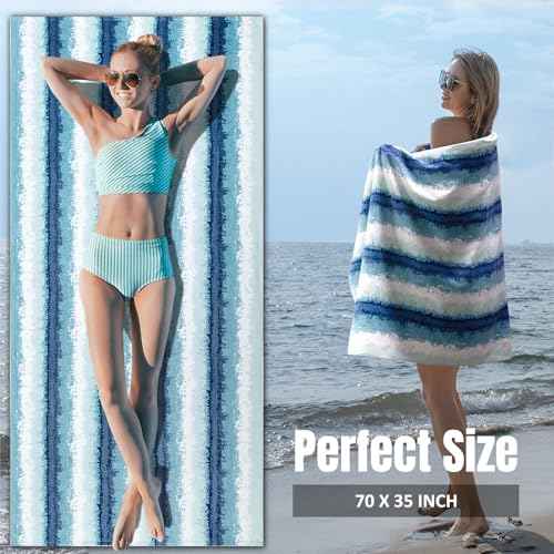cabanana Large Beach Towel Oversized - Cotton Velour 35 x 70 Inch Coast Waves Camo Striped Terry Pool Towel, Cabana Soft Swimming Towel for Adults Women Men (Teal Blue)