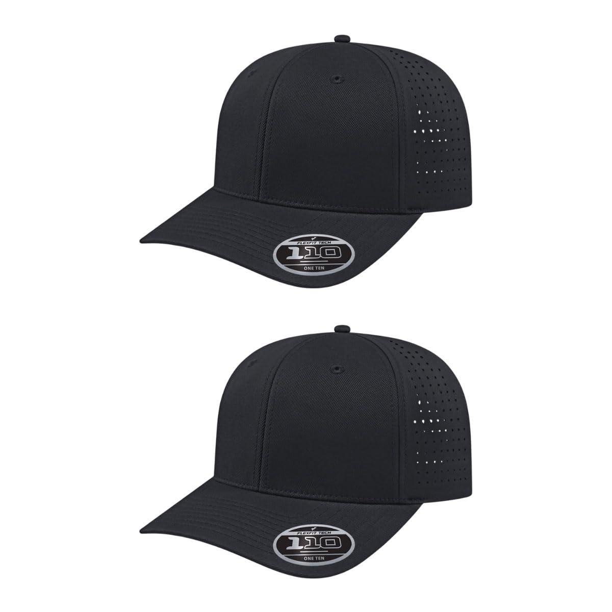 Cap America i8533 2-Pack Flexfit 110 Perforated Performance Snapback Mid Profile 6-Panel Cap w/UV Guard & Adjustable Snapback (Black)