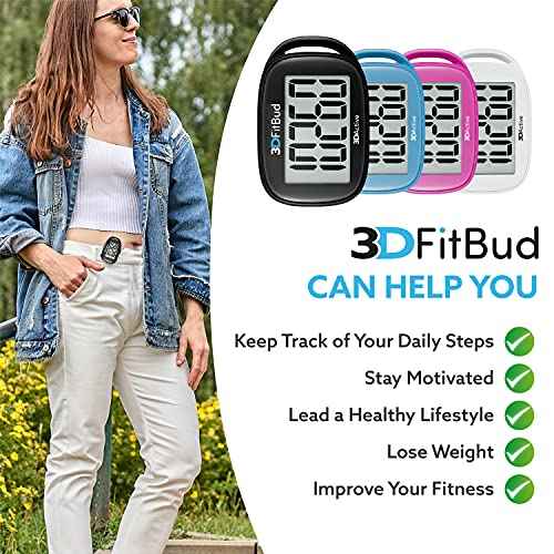 3DFitBud Simple Step Counter Walking 3D Pedometer by 3DActive with Clip, Lanyard Accurate Step Tracker Large Display, Easy to Use for Kids Men Women Adult Seniors Daily Step Tracking - A420S