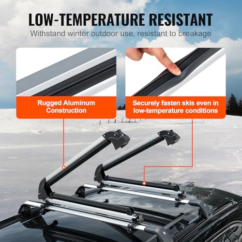 VEVOR Universal Car Roof Rack - Fit Most Crossbars, Carry up to 6 Pairs of Skis or 4 Snowboards, Aluminum Snowboard Ski Rack with Lock & Rubber Padding