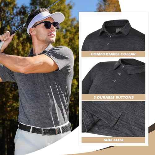 Polo Shirts for Men - Quick Dry Moisture Wicking Black Short Sleeve Performance Golf T Shirts for Casual Work Athletic