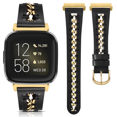 Leather Watch Band Compatible with Fitbit Versa 2 and Versa Lite - Dressy Premium Strap with Stainless Steel Chain