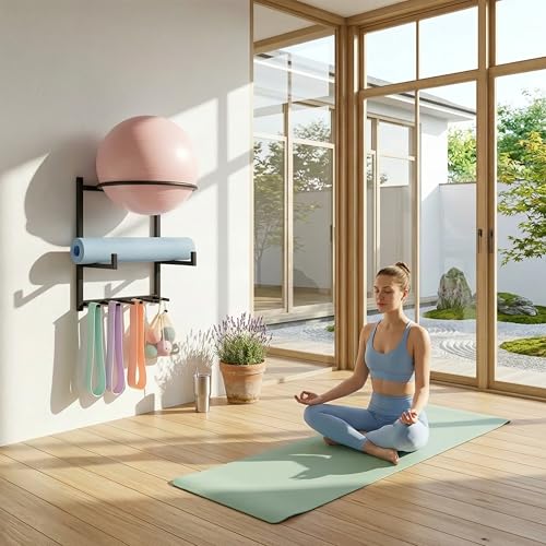 Wall Mounted Yoga Ball & Mat Storage Rack Organizer for Home Gym