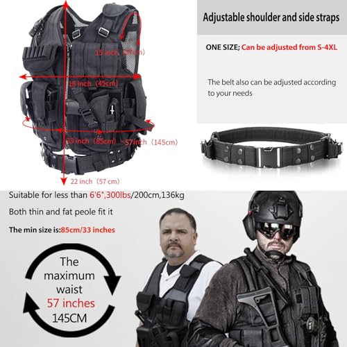 Ultralight Breathable Tactical Vest with Detachable Belt & Holster - Black 10-50