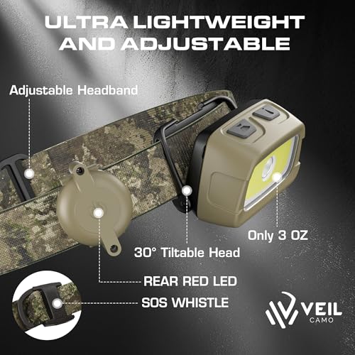 Camo Rechargeable Headlamp with Red, Green & White Light - 350LM, 7 Modes