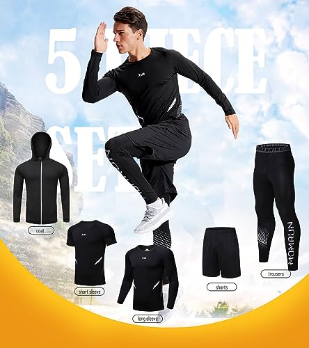 Men's Workout Sets with Compression Shirt, Pants, Hoodie & Jacket - Large / E