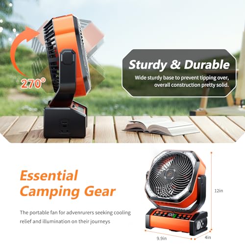 Camping LED Fan with Light 20000mAh Rechargeable Battery Orange - 8 Speed Portable Tent Fan & Light